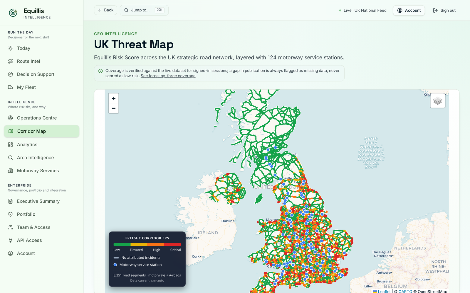 Equillis UK threat map showing the strategic road network banded by risk