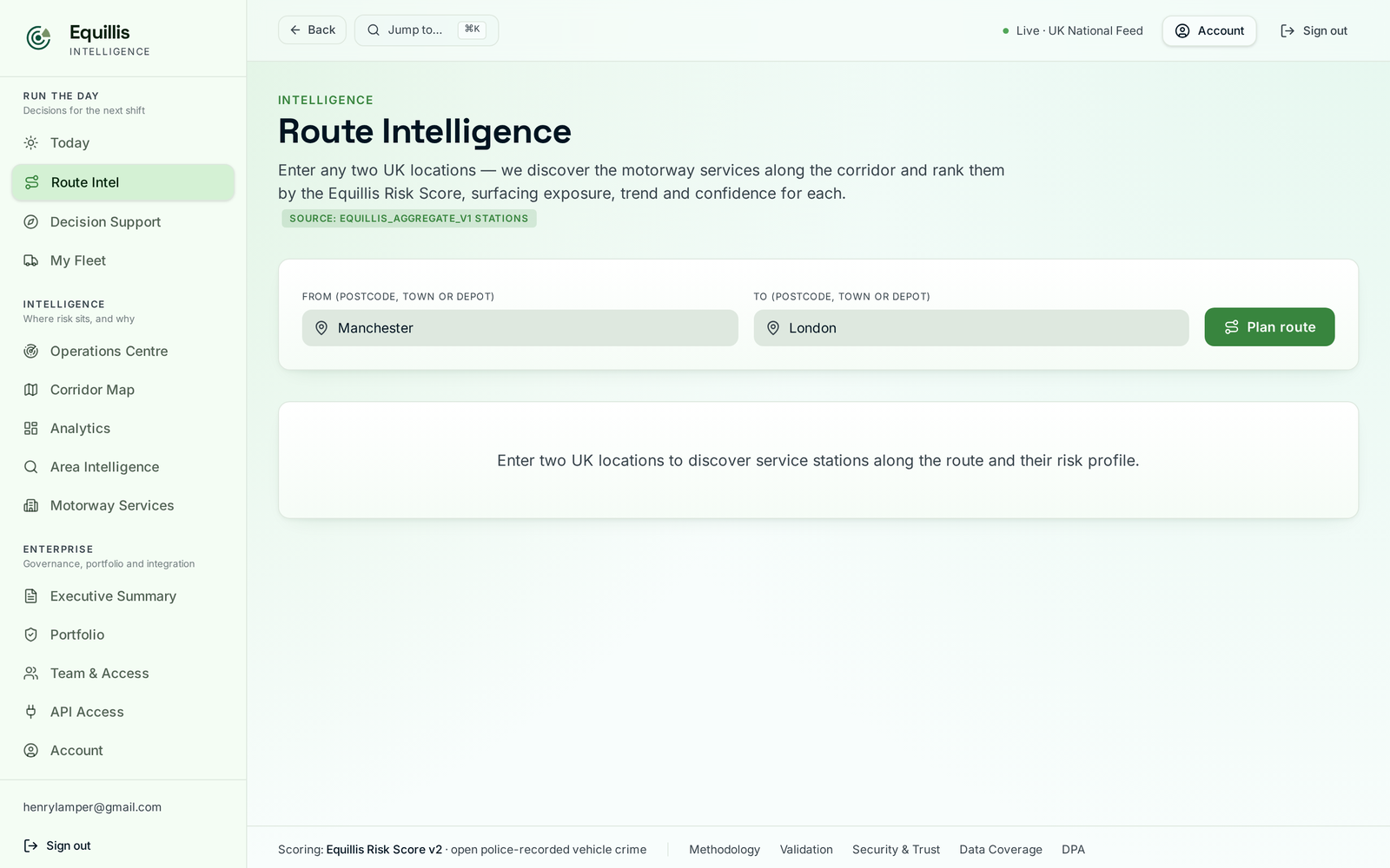 Equillis route intelligence scoring a UK route for vehicle crime exposure